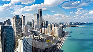 Chicago skyline aerial drone view from above, lake Michigan and Chicago downtown skyscrapers cityscape, Illinois, USA photo