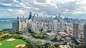 Chicago skyline aerial view from above, lake Michigan and city of Chicago downtown skyscrapers cityscape from Lincoln park, photo