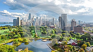 Chicago skyline aerial view from above, lake Michigan and city of Chicago downtown skyscrapers cityscape from Lincoln park, photo