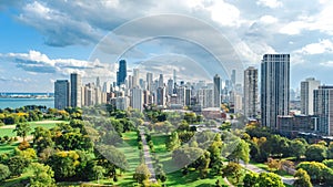 Chicago skyline aerial view from above, lake Michigan and city of Chicago downtown skyscrapers cityscape from Lincoln park,