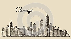 Chicago skyline big city engraving vector drawn