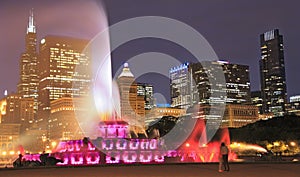 Chicago skyline and Buckingham Fountain at night