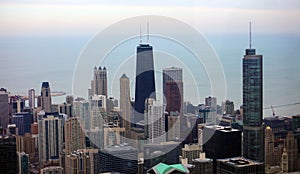 Chicago skyline buildings and lake Michigan view from sky.