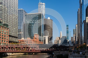 Chicago skyline and business skyscrapers, Wells Street Bridge