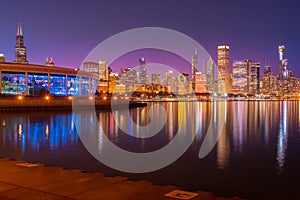 Chicago Skyline Cityscape at night with lake in front and  blue sky with cloud, Chicago, United state