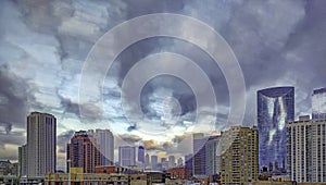 Chicago skyline on a cloudy afternoon. Long exposure urban cityscape.