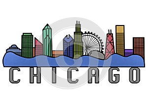 Chicago Skyline Colorful Horizontal Illustration, Line Art Silhouette of Chicago, USA Cityscape Drawing Banner