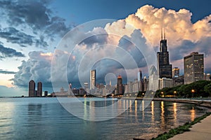 Chicago skyline with dramatic clouds