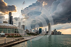 Chicago skyline with dramatic clouds