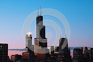 Chicago skyline at dusk with Sears Tower
