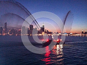 Chicago skyline Fire rescue boat on the lake