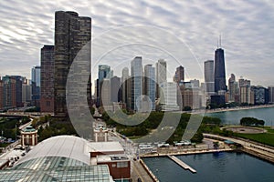 The Chicago Skyline and Lake Michigan seen from a gondola on the Navy Pier Ferris Wheel.