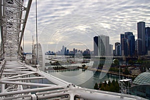 The Chicago Skyline and Lake Michigan seen from a gondola on the Navy Pier Ferris Wheel.