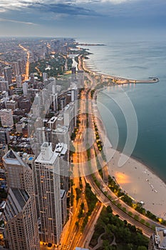 Chicago skyline and lake Michigan at sunset