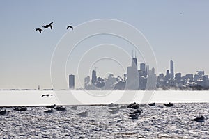 Chicago skyline at the lakefront on a sub-zero winter day