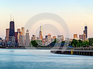 Chicago skyline and lakefront view of tallest buildings. Lake Michigan, Illinois