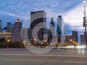 Chicago skyline looking past a busy downtown road