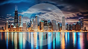 Chicago skyline at night, Illinois, USA. Generative AI