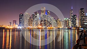 Chicago Skyline at Night with Lake Michigan