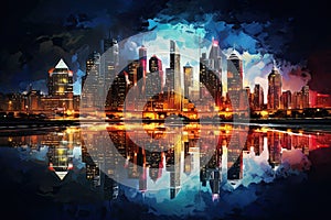 Chicago skyline at night with reflection in water. Digital illustration painting, AI Generated