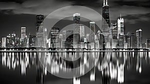 Chicago skyline at night with urban skyscrapers and lake reflection. Generative AI