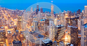 Chicago skyline panorama aerial view with skyscrapers over Lake