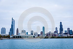 Chicago skyline panorama in the fall on overcast day