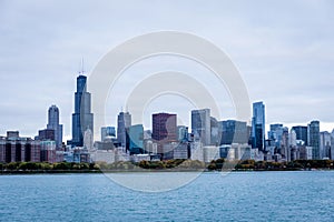 Chicago skyline panorama in the fall on overcast day