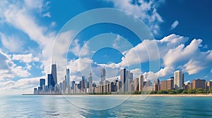 Chicago skyline panorama with skyscrapers over lake Michigan, USA. Generative AI