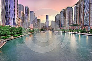 Chicago skyline panorama with Sunset, Chicago, USA