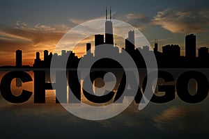 Chicago skyline reflected with text and sunset