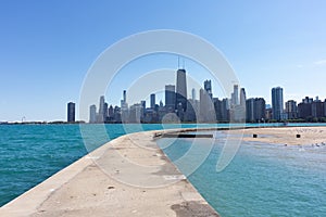 Chicago Skyline seen from a Curving Walkway at North Avenue Beach along Lake Michigan during the Summer