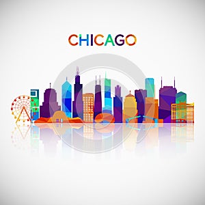 Chicago skyline silhouette in colorful geometric style.