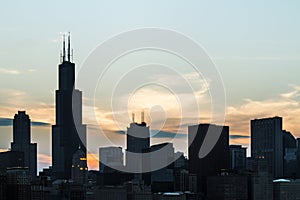 Chicago skyline on sunset sky background