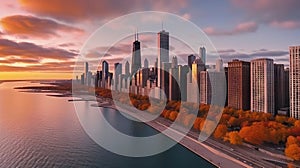 Chicago skyline at sunset with skyscrapers and lake Michigan, USA. Generative AI