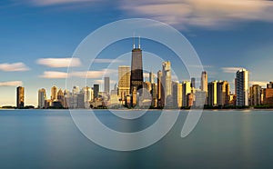 Chicago skyline at sunset viewed from North Avenue Beach