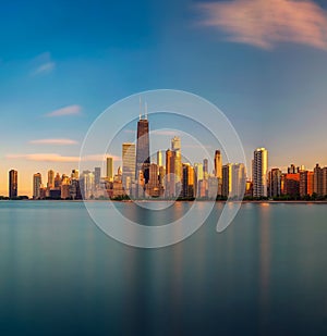 Chicago skyline at sunset viewed from North Avenue Beach