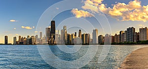 Chicago skyline at sunset viewed from North Avenue Beach