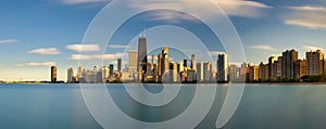 Chicago skyline at sunset viewed from North Avenue Beach