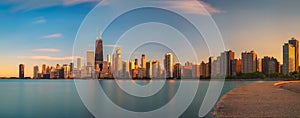 Chicago skyline at sunset viewed from North Avenue Beach