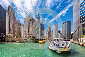 Chicago downtown and Chicago River at summer time in Chicago, Illinois. photo