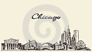 Chicago skyline vintage illustration drawn sketch