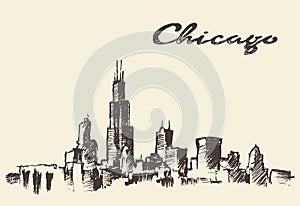 Chicago skyline vintage illustration drawn sketch