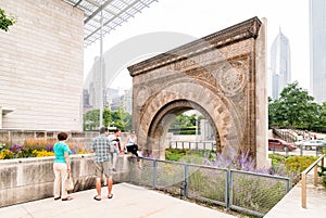 Tourists visiting the Chicago Stock Exchange Arch outside the Art Institute of Chicago.