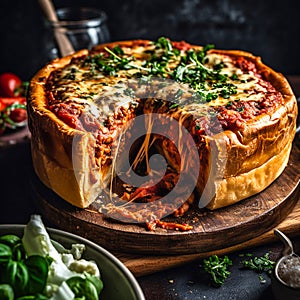 Chicago style pizza on a wooden tray