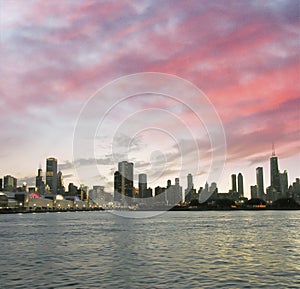 Chicago sunset skyline in summer