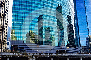 Chicago Tall Towers Reflected in Building Glass Facade, Illinois, USA