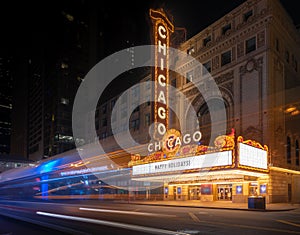 Chicago theatre at night  and  blue sky with cloud, Chicago, United state