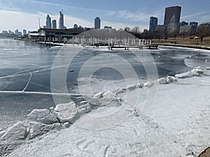 Chicago is about to thaw the lake, white ice blue sky