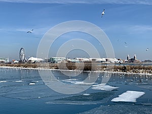 Chicago is about to thaw the lake, white ice blue sky